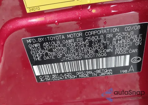 2008 Lexus Gs 350 из США, поврежденный, VIN JTHCE96S180017606